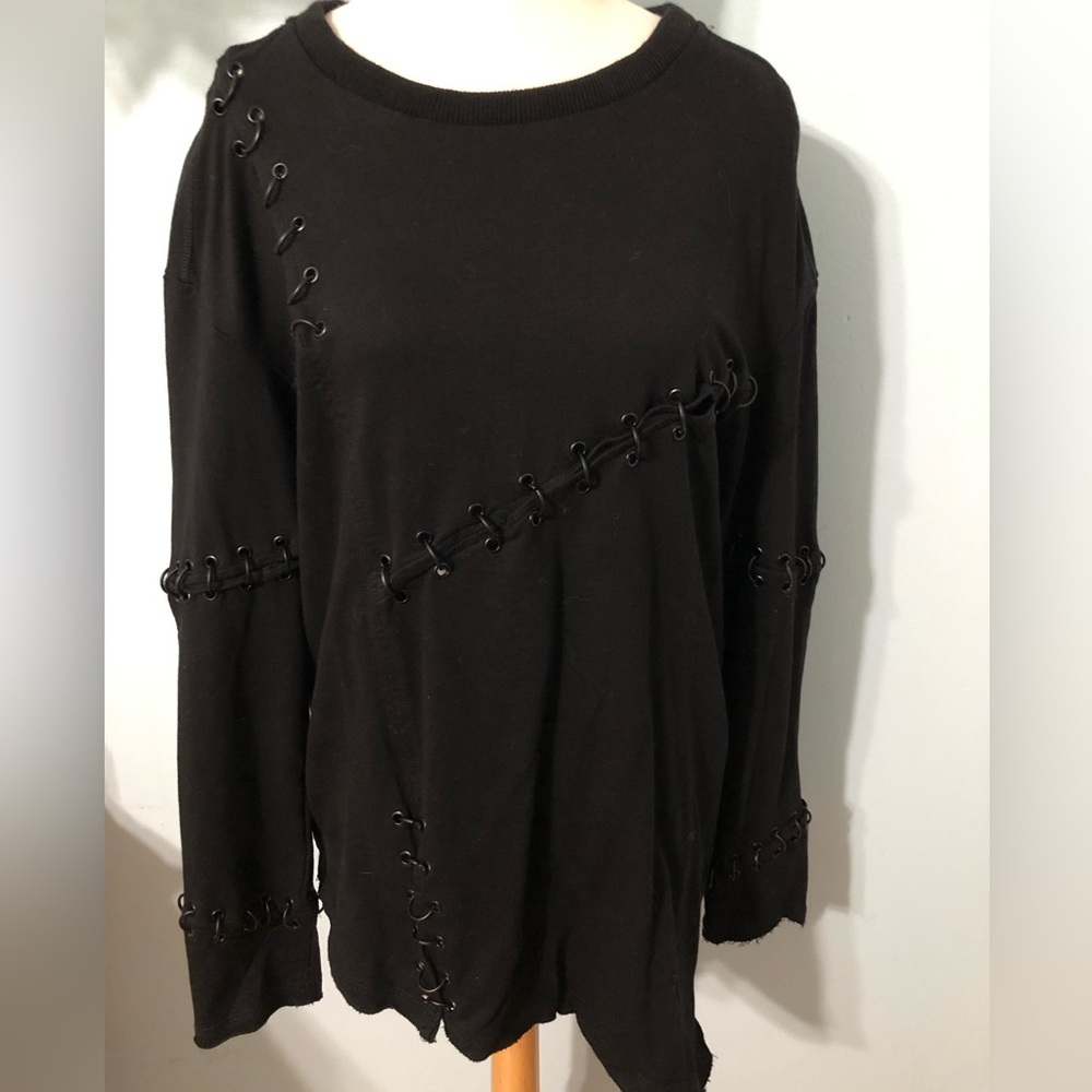 Darker Wavs Dollskill Chain Patchwork Oversized Black Long Sleeve T Shirt SizeXS
